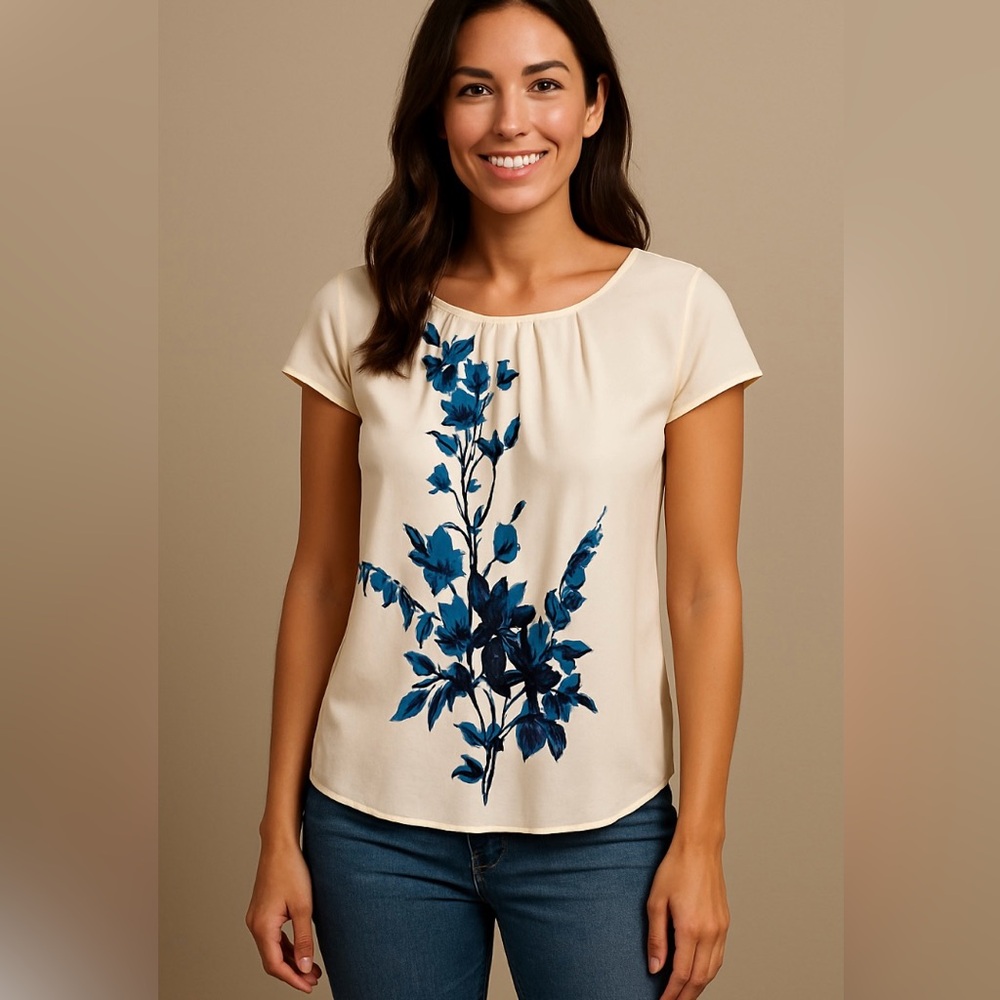 J. Crew | 100% Silk Cream and Blue Floral Cap Sleeve Blouse - sz 8
